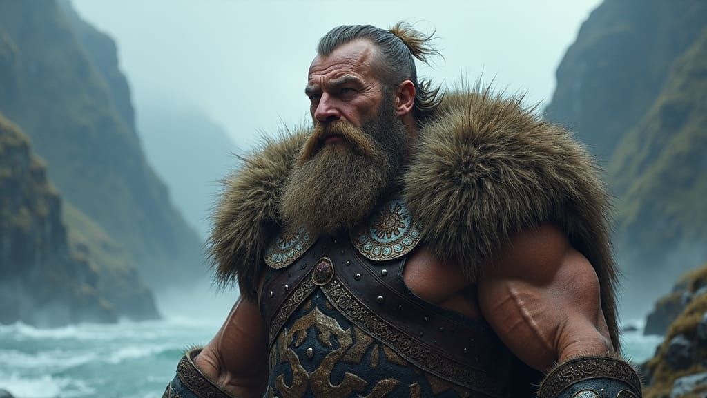 Fierce Viking Warrior in a Misty Fjord, Norse Art