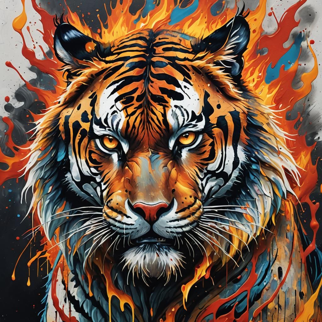 Mythical Fire Tiger Street Art Portrait
