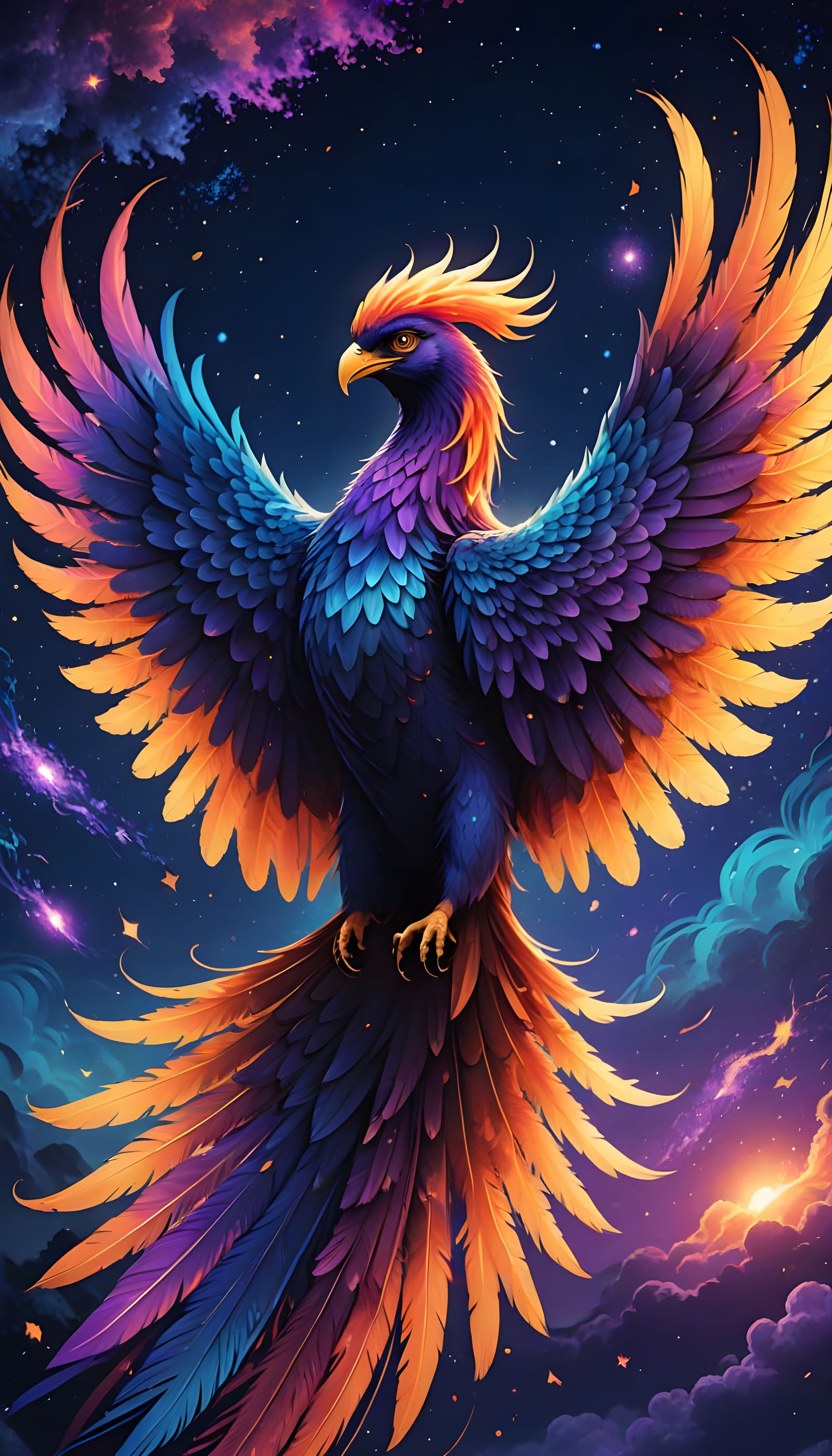 Ethereal Phoenix Soars Through Cosmic Night Sky