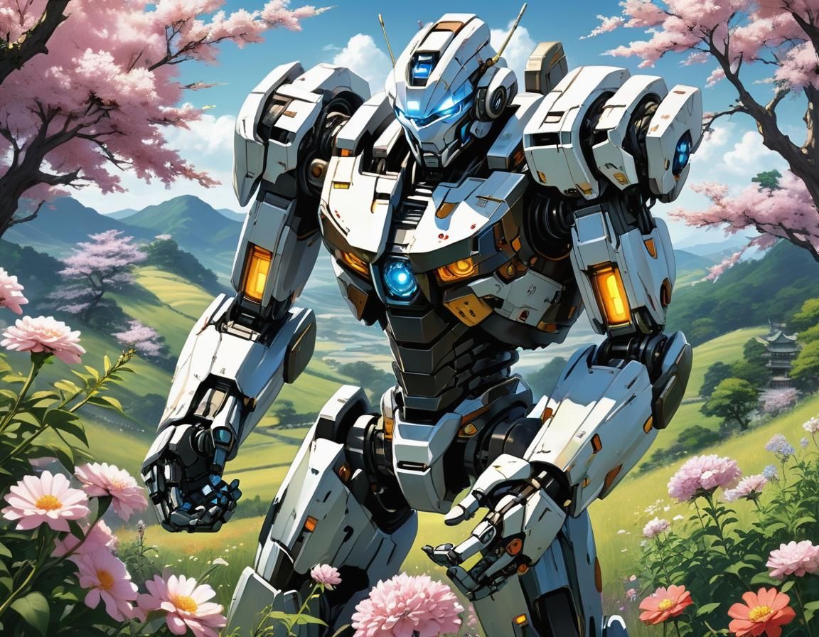 Mecha Robot's Gentle Touch: Anime-Style Flower Scene