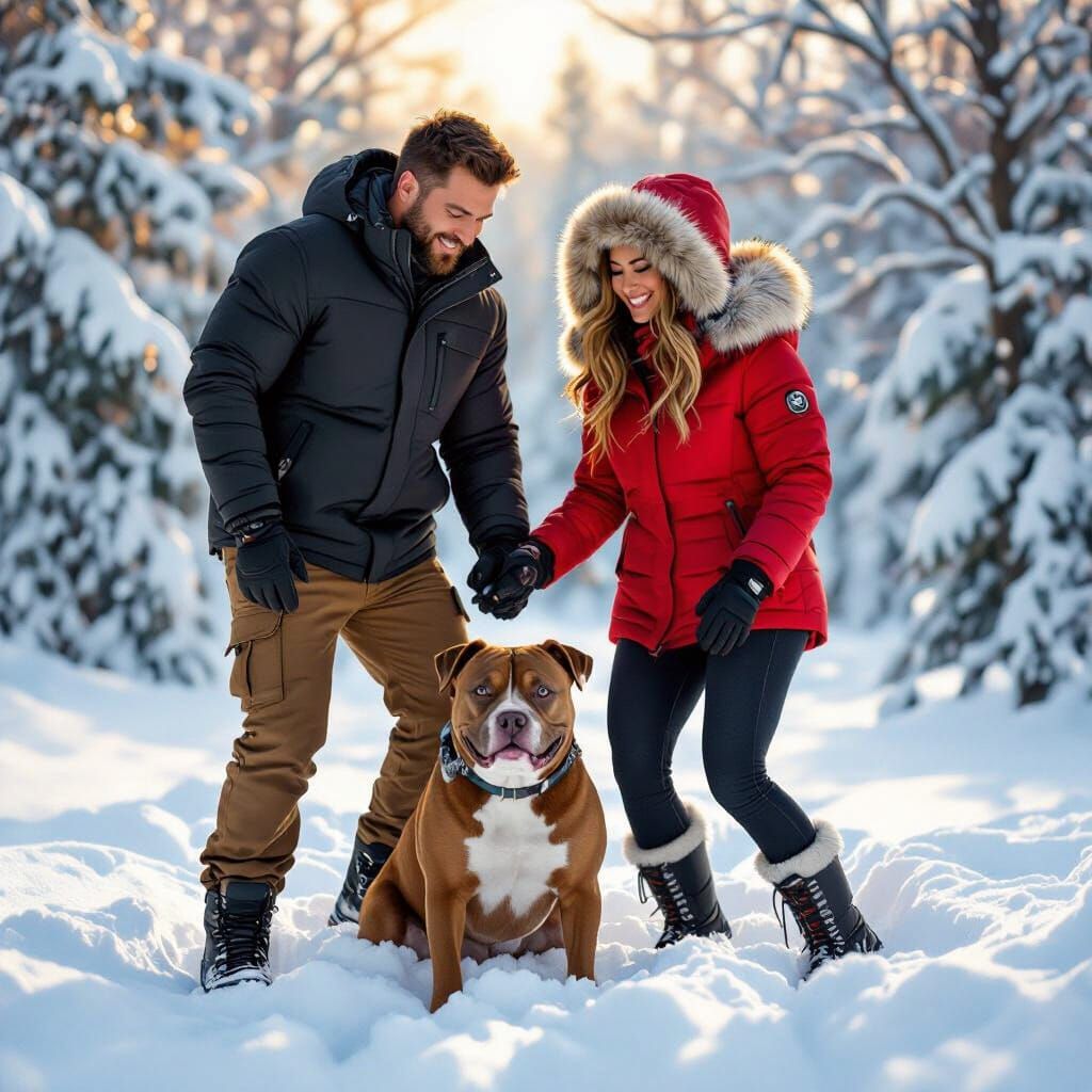 Couple Playing With Pitbull in Snowy Wonderland