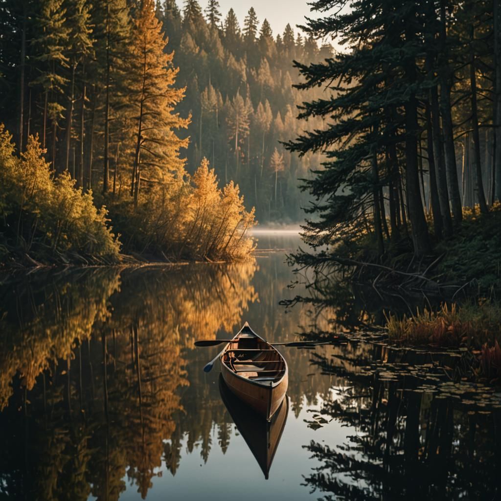 Serene Forest Lake Canoe at Sunset in Film Aesthetic