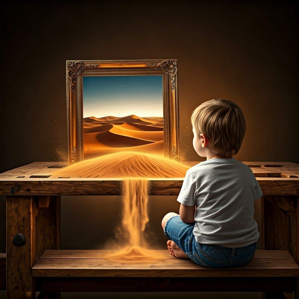 Child Gazing at Desert Bursting From Picture Frame