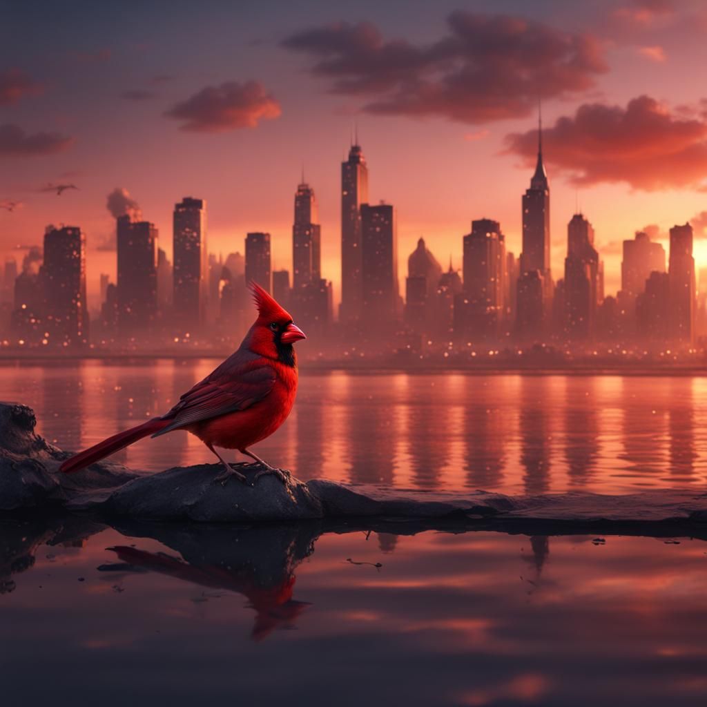 Sunset Cityscape with Cardinal, Digital Art