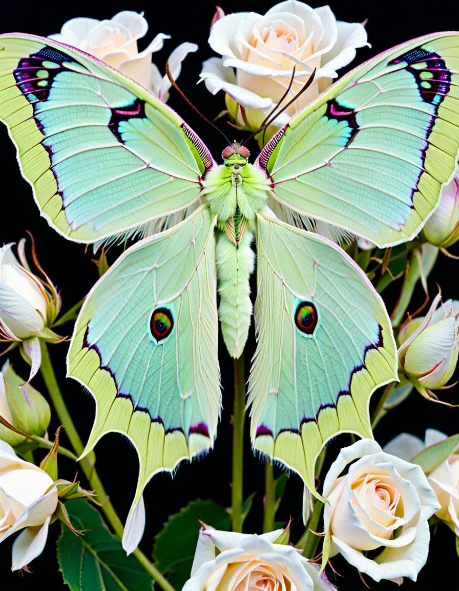 Iridescent Luna Moth on White Rose: Macro Photography