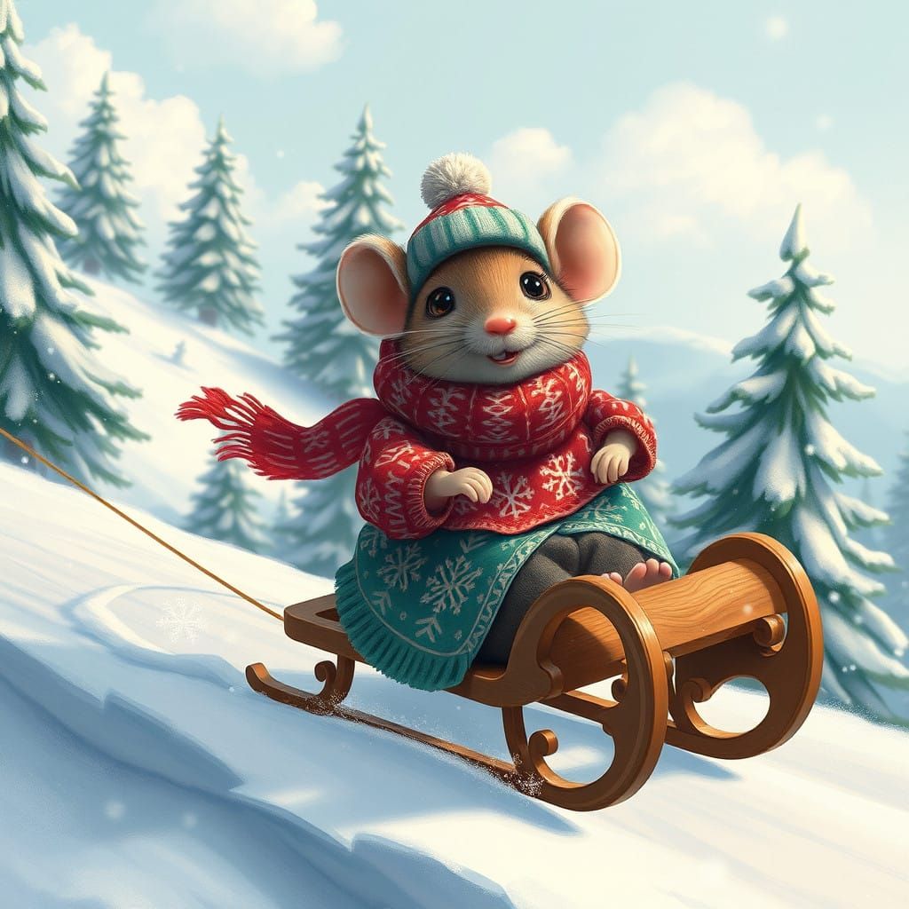 Whimsical Mouse Speeds Down Snowy Hill in Vibrant Sweater