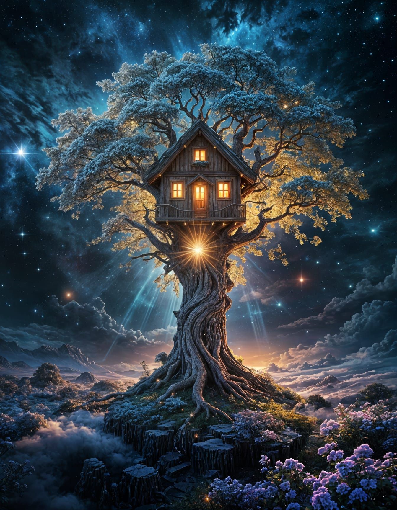 Cosmic Treehouse with Celestial Stars and Glinting Zipper