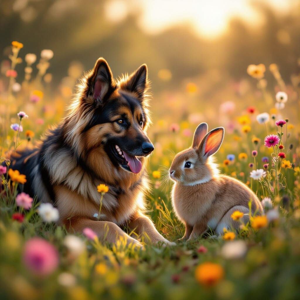 German Shepherd and Rabbit Play in Wildflower Meadow