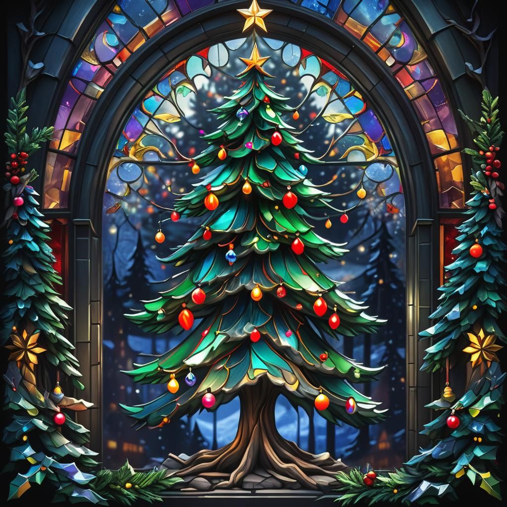 Spectacular Christmas Tree Window in Vibrant Stained Glass