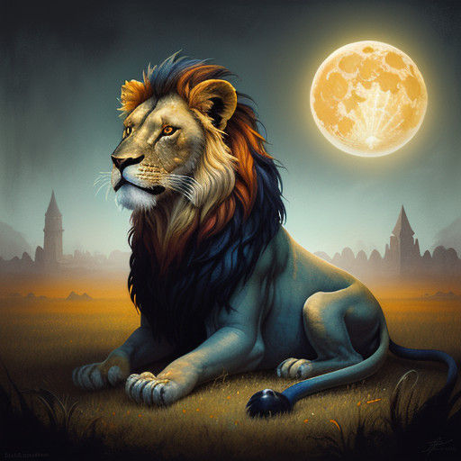 Surreal Landscape with African Child Lion and Vibrant Moon
