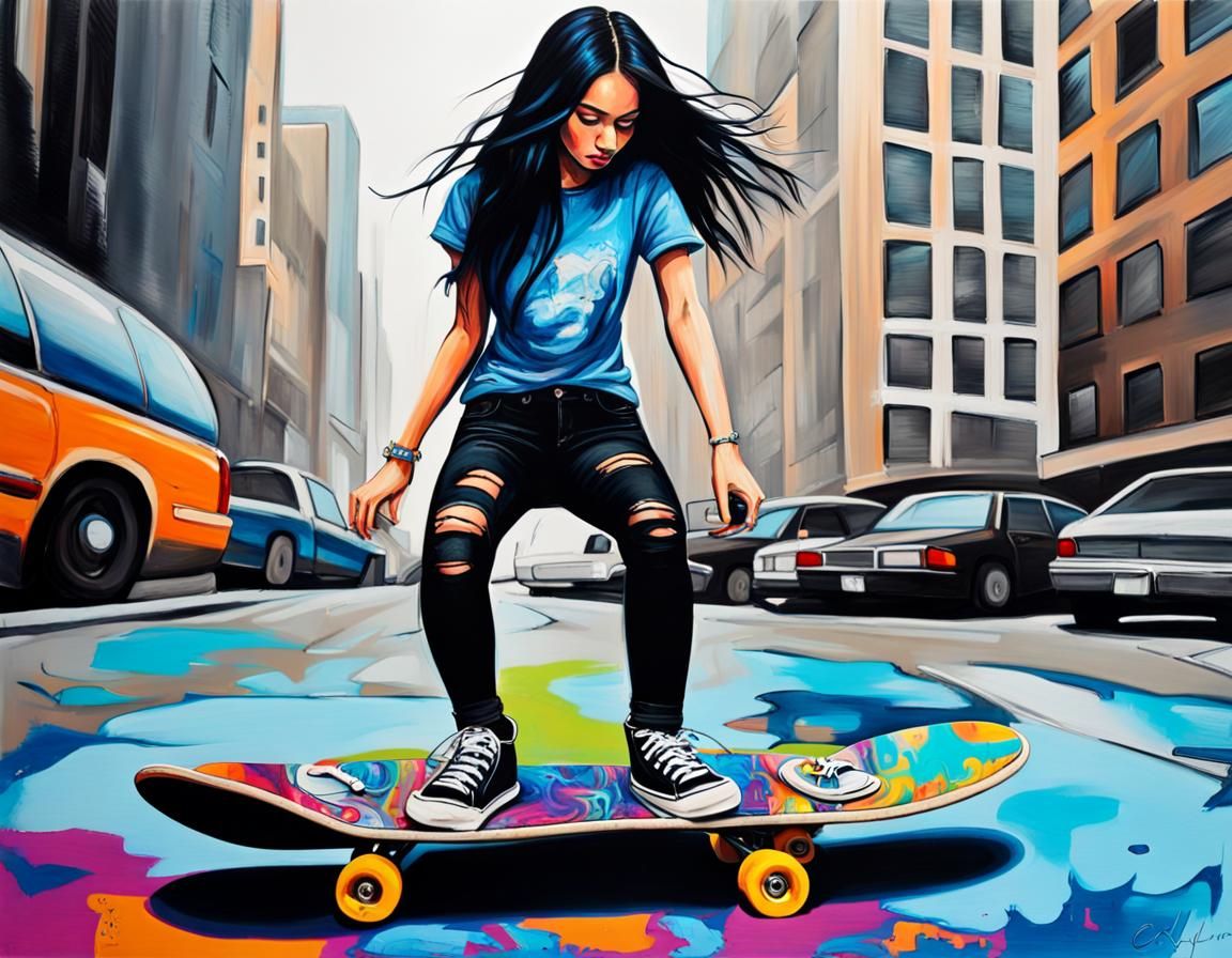 Girl on Skateboard in Graffiti Street Art