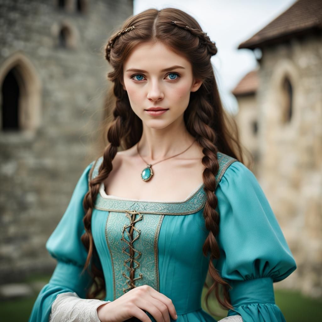 Elven Maiden with Brown Hair and Blue Gown