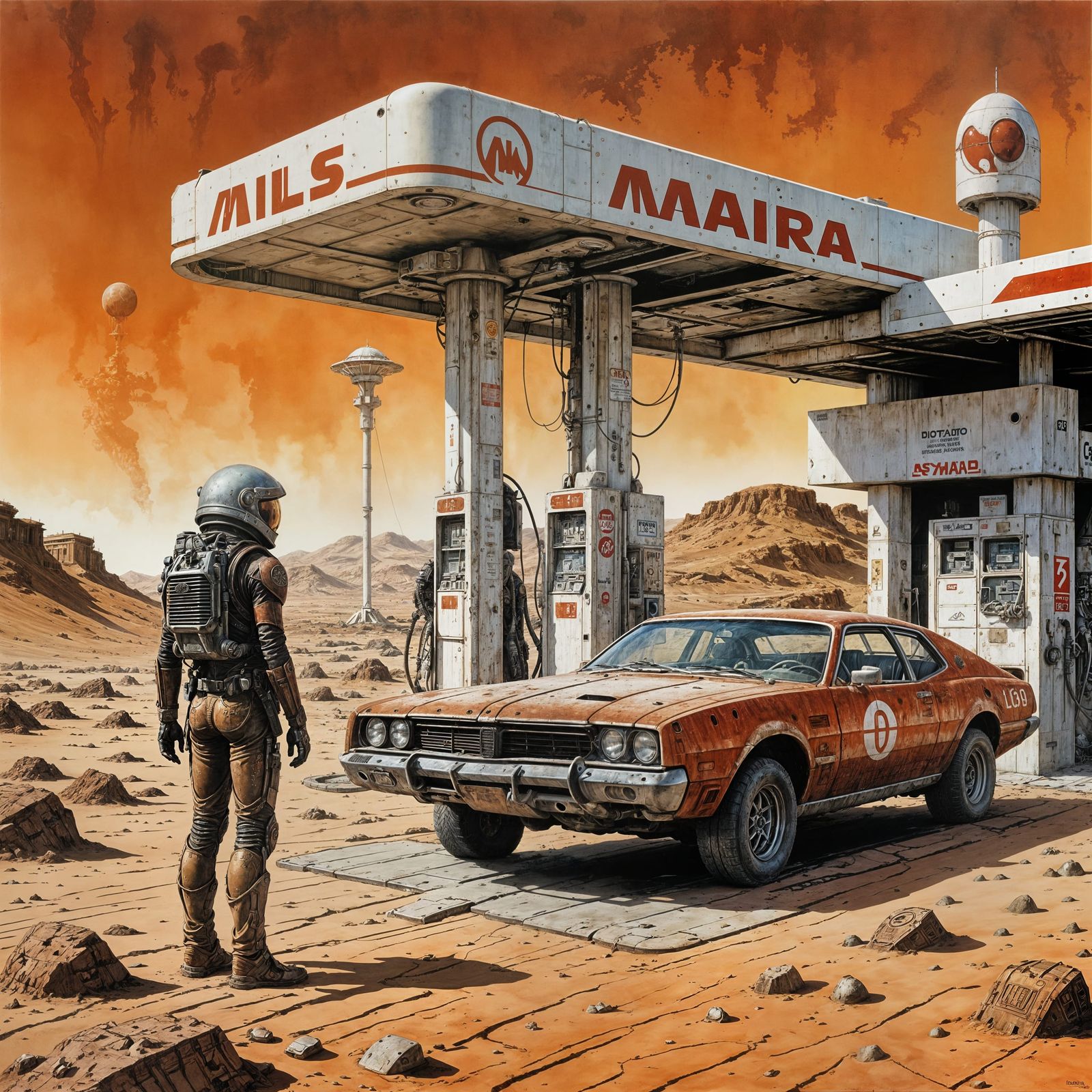 Martian Gas Station in Sci-Fi Illustration