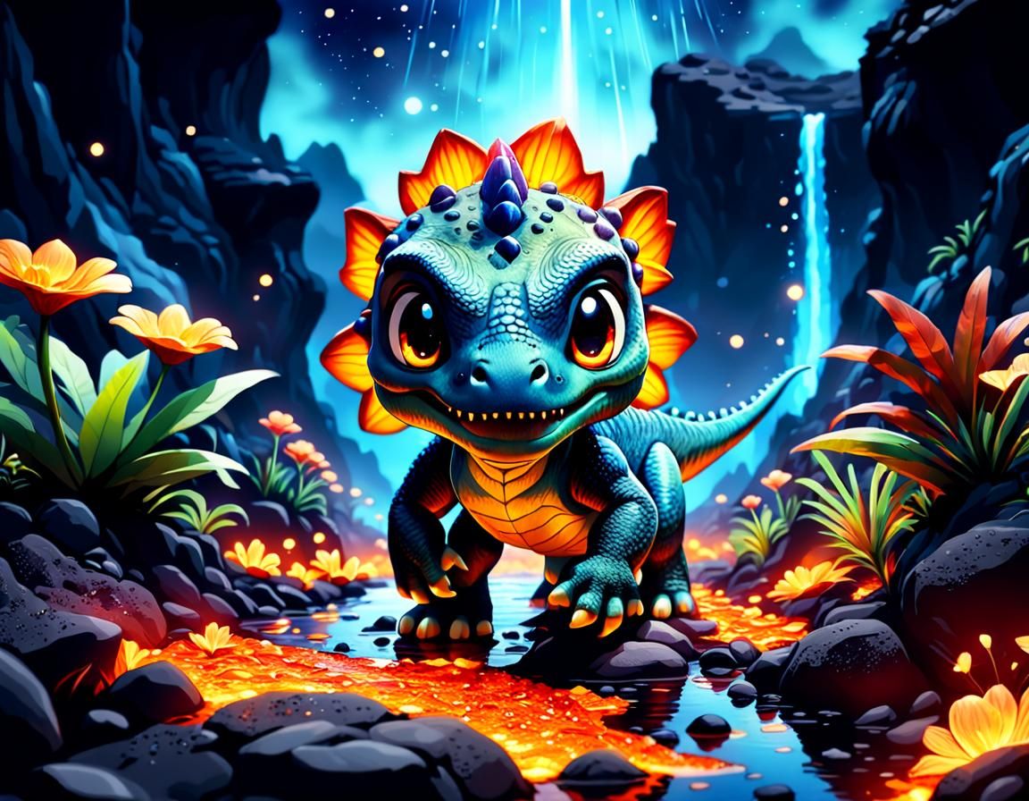 Chibi Dinosaur Crossing Lava River at Night