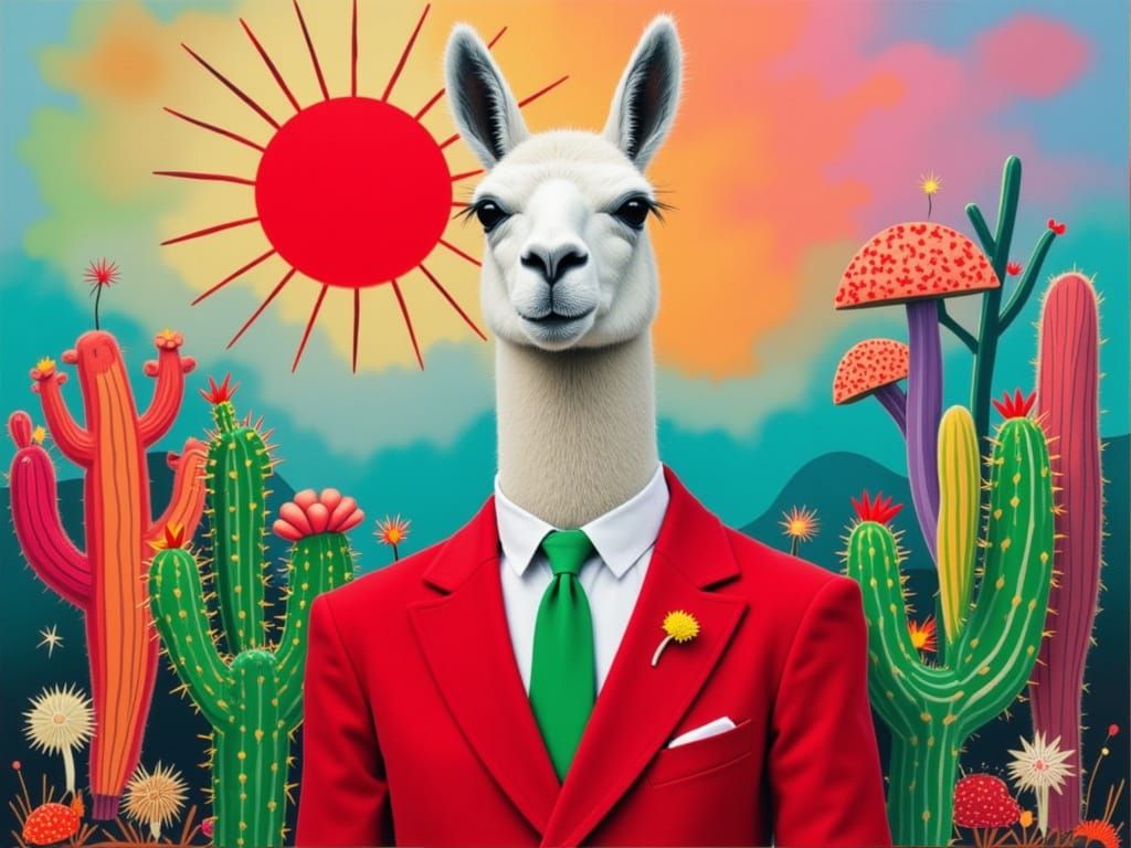 Alpaca in Red Suit with Glowing Mushrooms, Pastel Sky