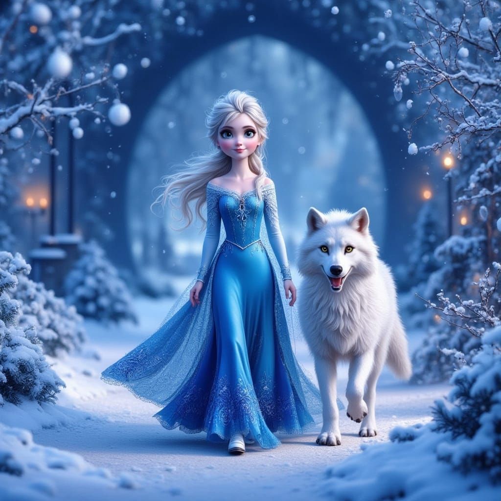 Elsa in Magical Christmas Land with Wolf Companion