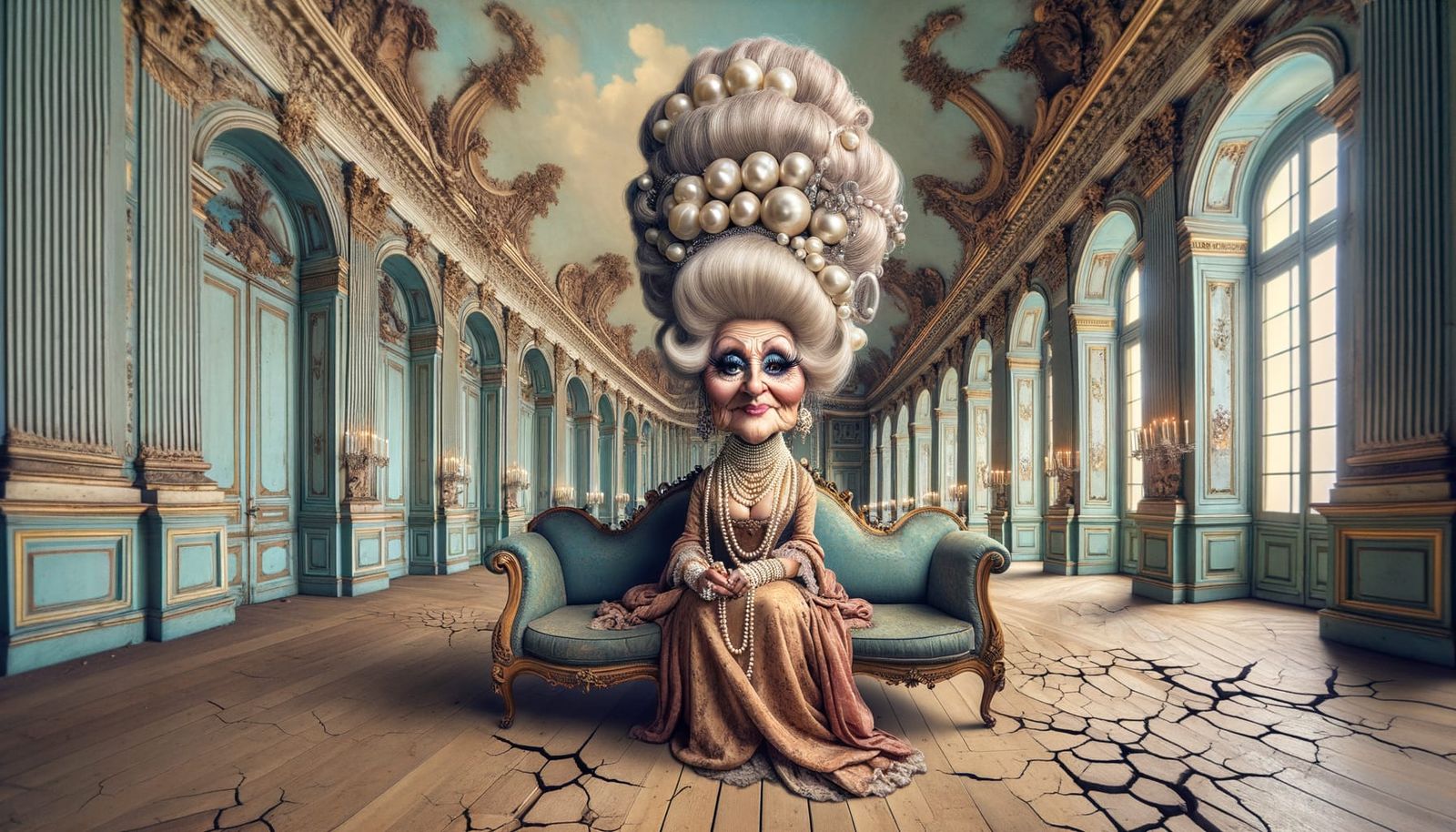 Courtesan in Derelict Ballroom with Pearls