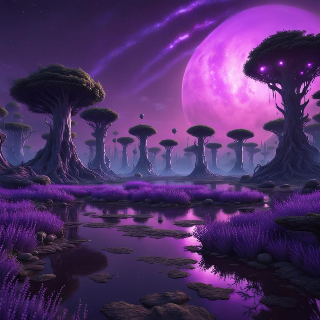 Lavender Rings Over Alien Swamp: Fantasy Concept Art
