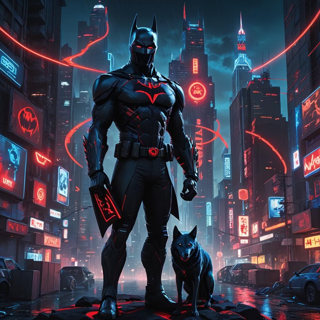 Batman Beyond and Neon Wolf in Cyberpunk Cityscape