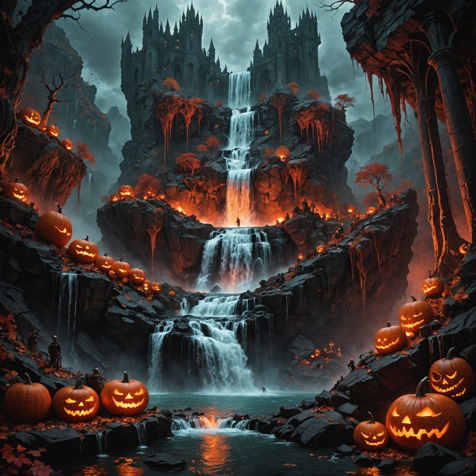 a gothic horror fantasy of a large waterfall with red water ...