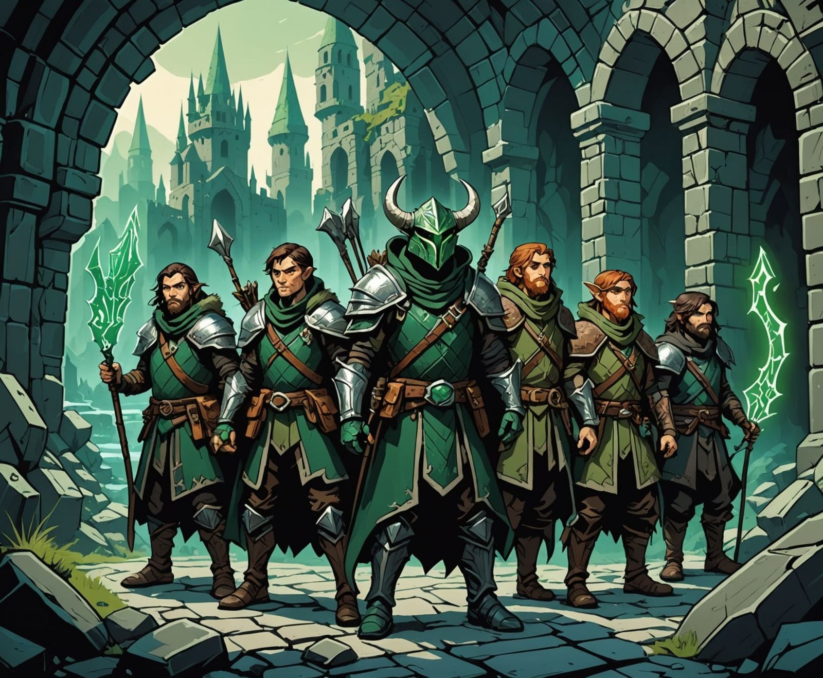 Dragonborn Ranger Leads Adventurers in Crystal-Lit Ruins