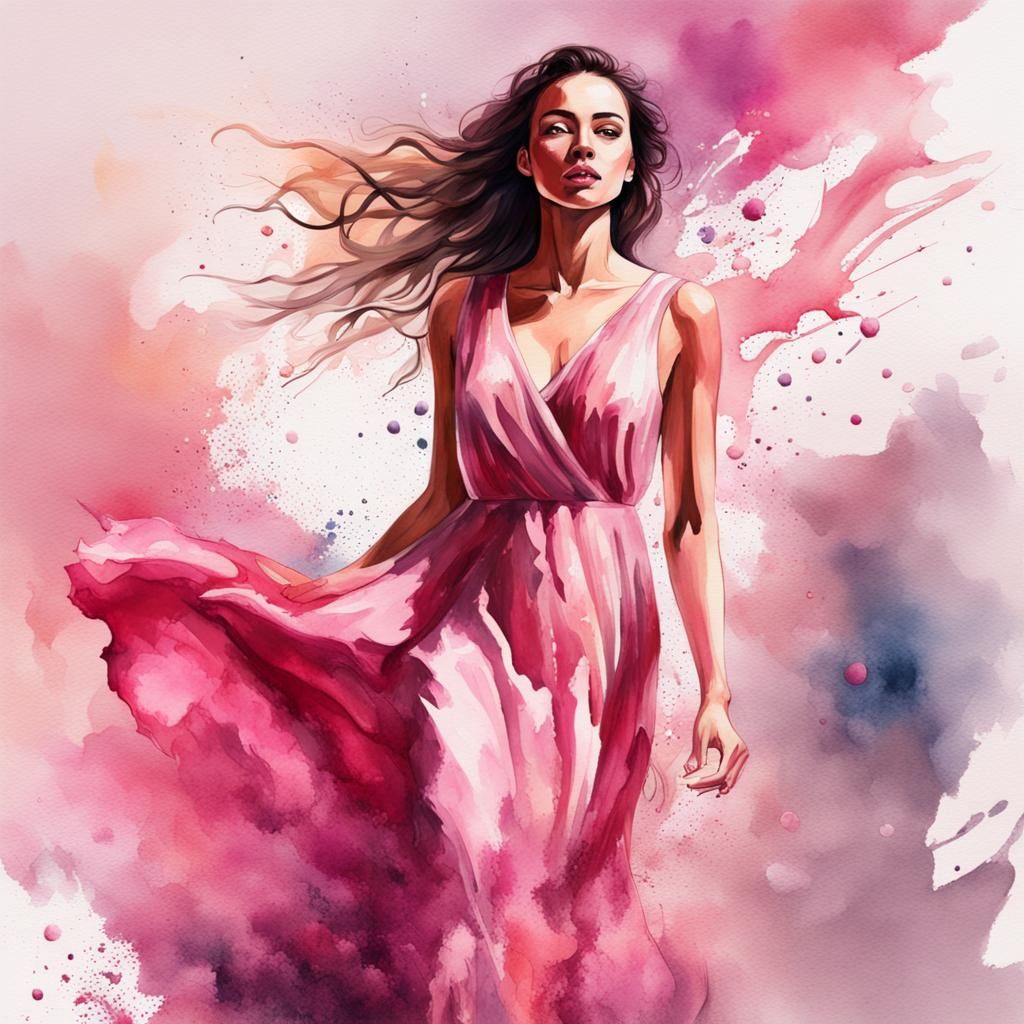 Woman in Pink Dress: Watercolor Splash Art
