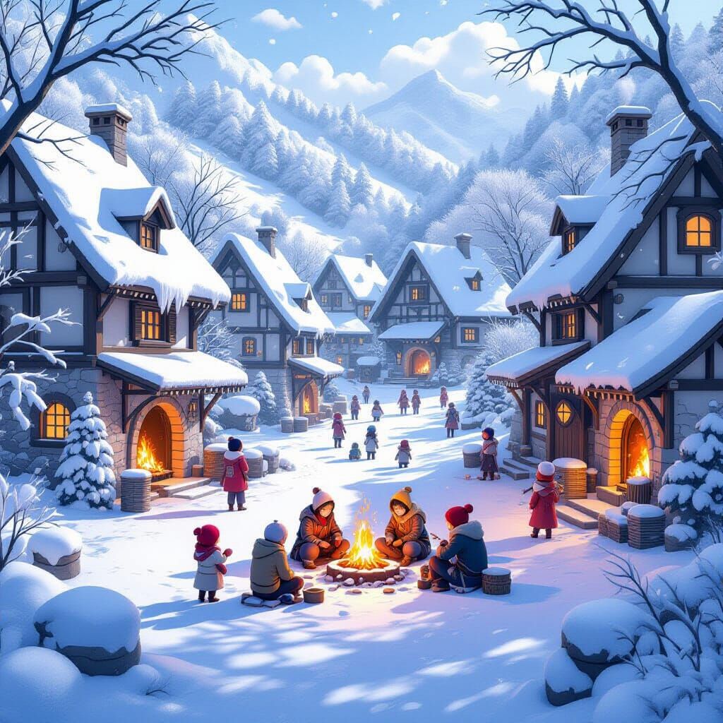 Anime Style Snowy Village with Warm Fireside Scenes