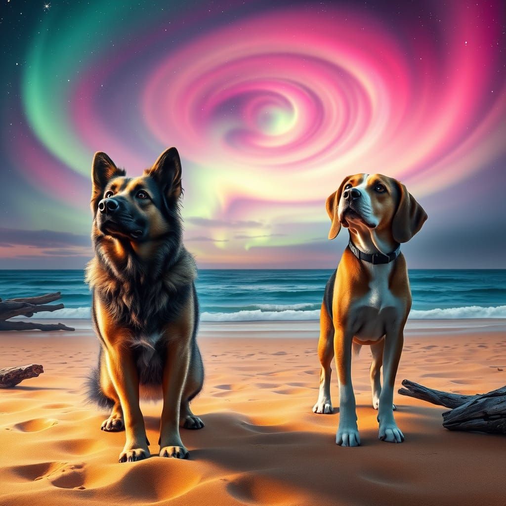 Majestic Dogs Gaze at Northern Lights on Serene Beach