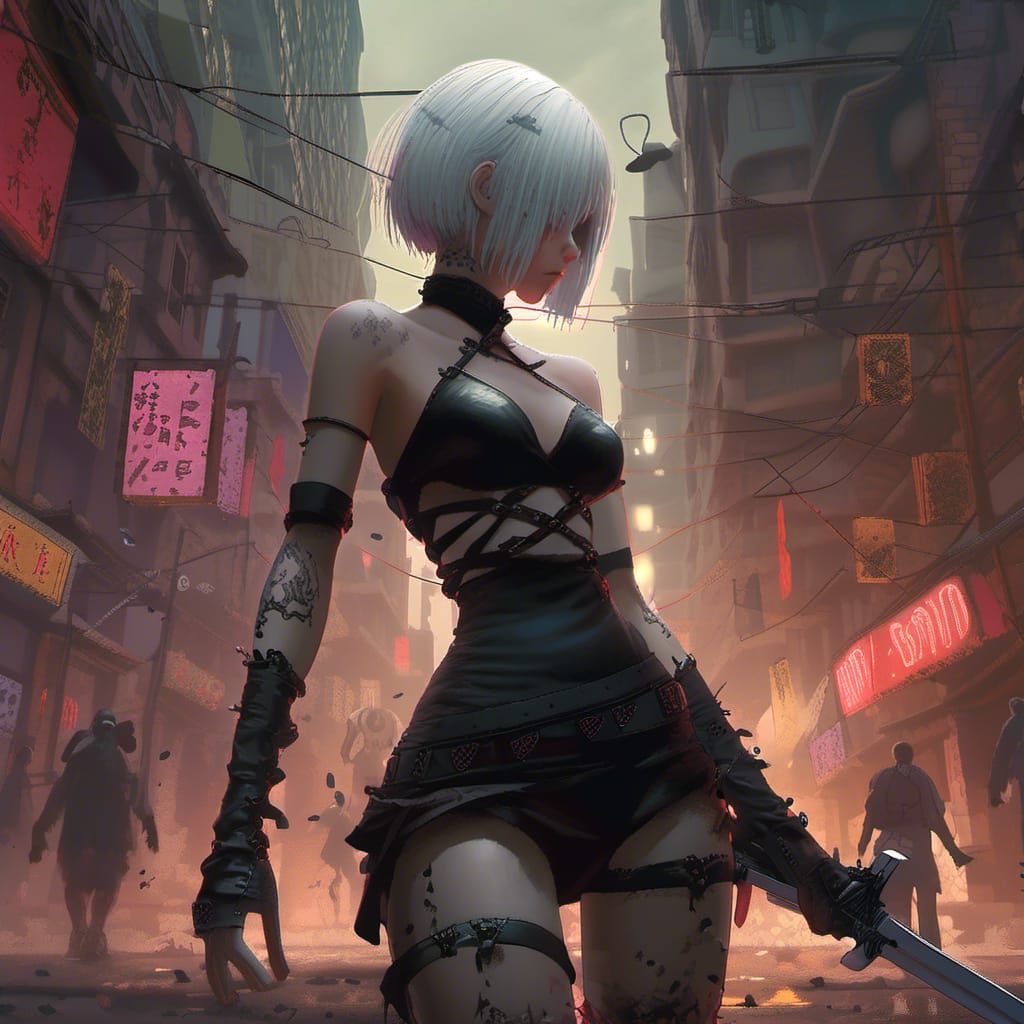 Nier Automata's 2B in Zombie City: Dark Fantasy Art