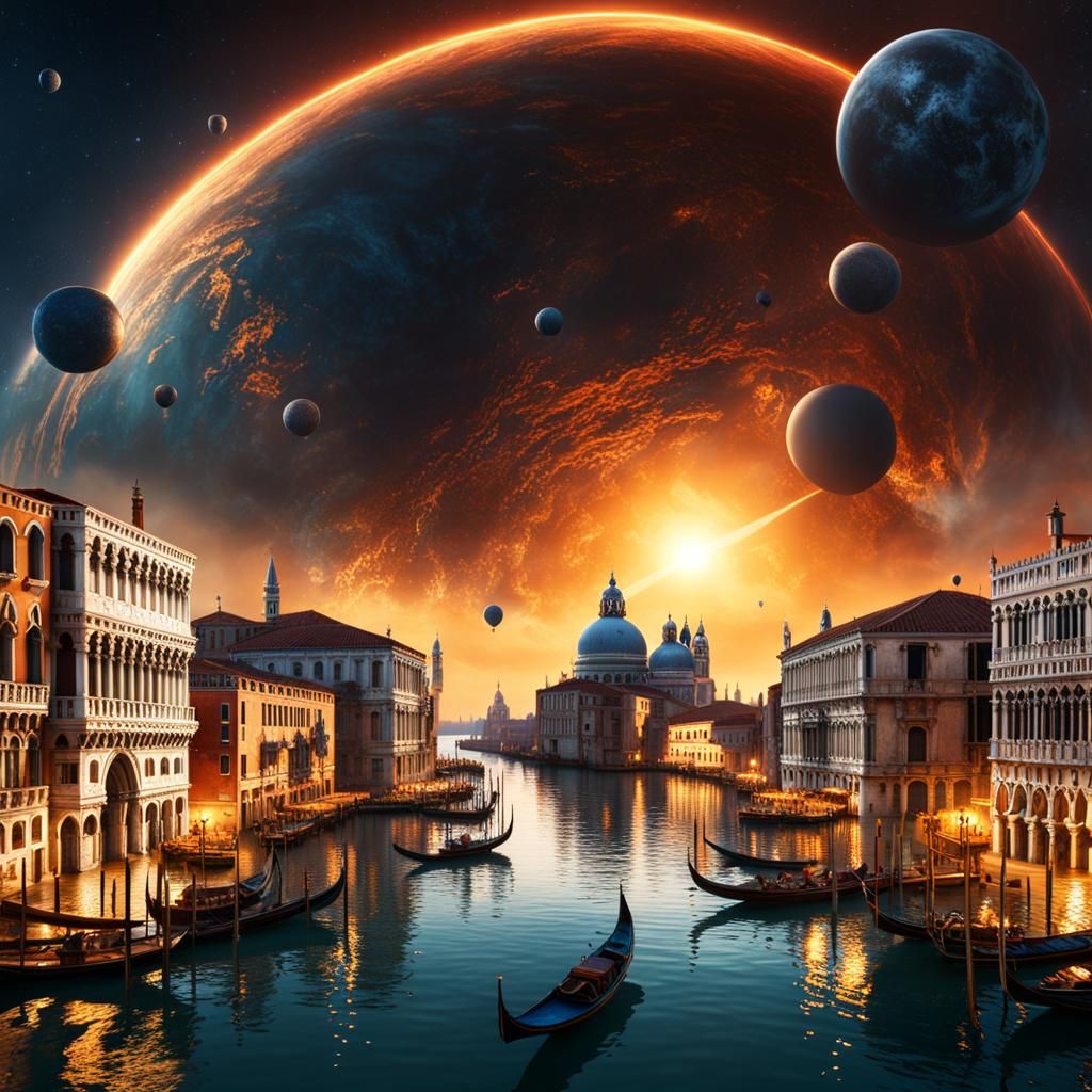 Venice with Spaceships and Planets, Detailed Matte Painting