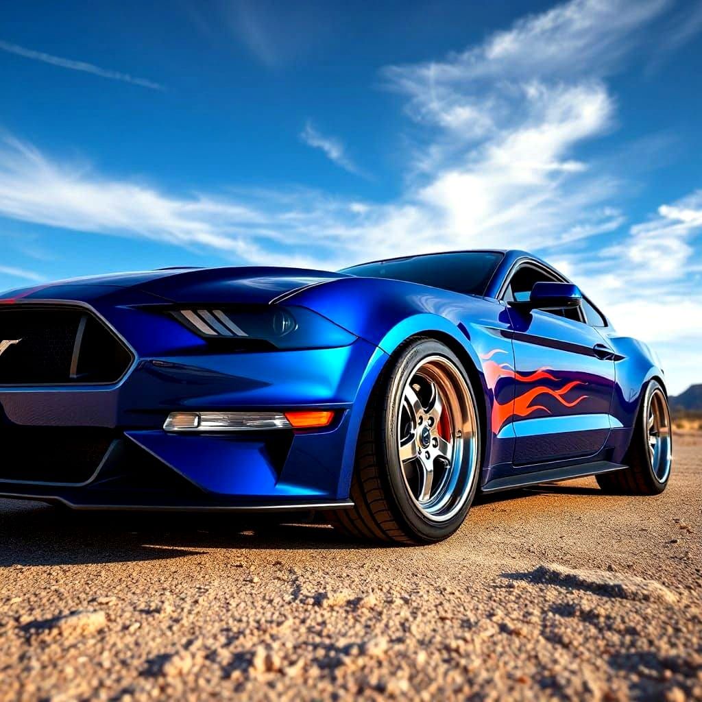 Dark Blue Ford Mustang with Flames in Nevada Desert