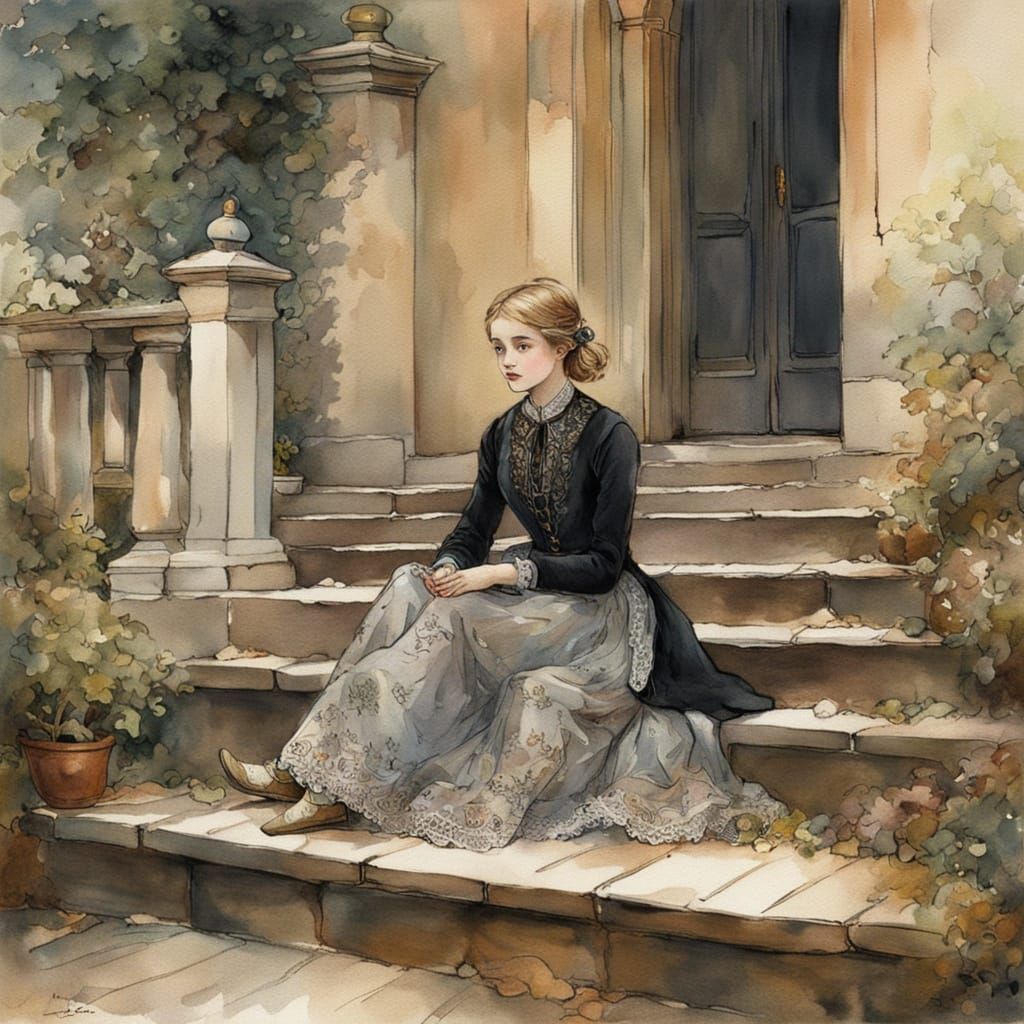 Whimsical French Girl on Castle Staircase in Watercolour