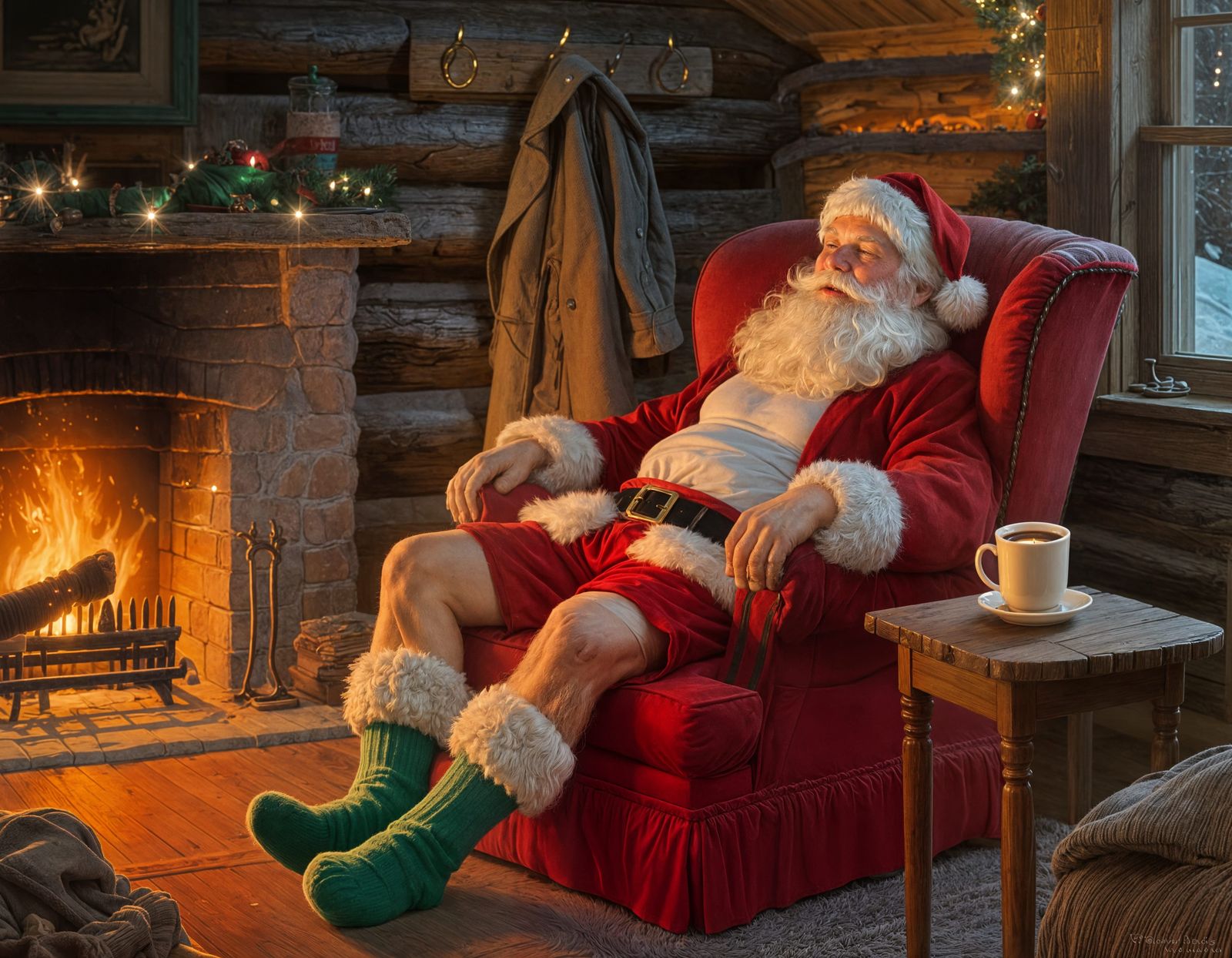 Relaxed Santa Claus Enjoys Cocoa by Fireplace