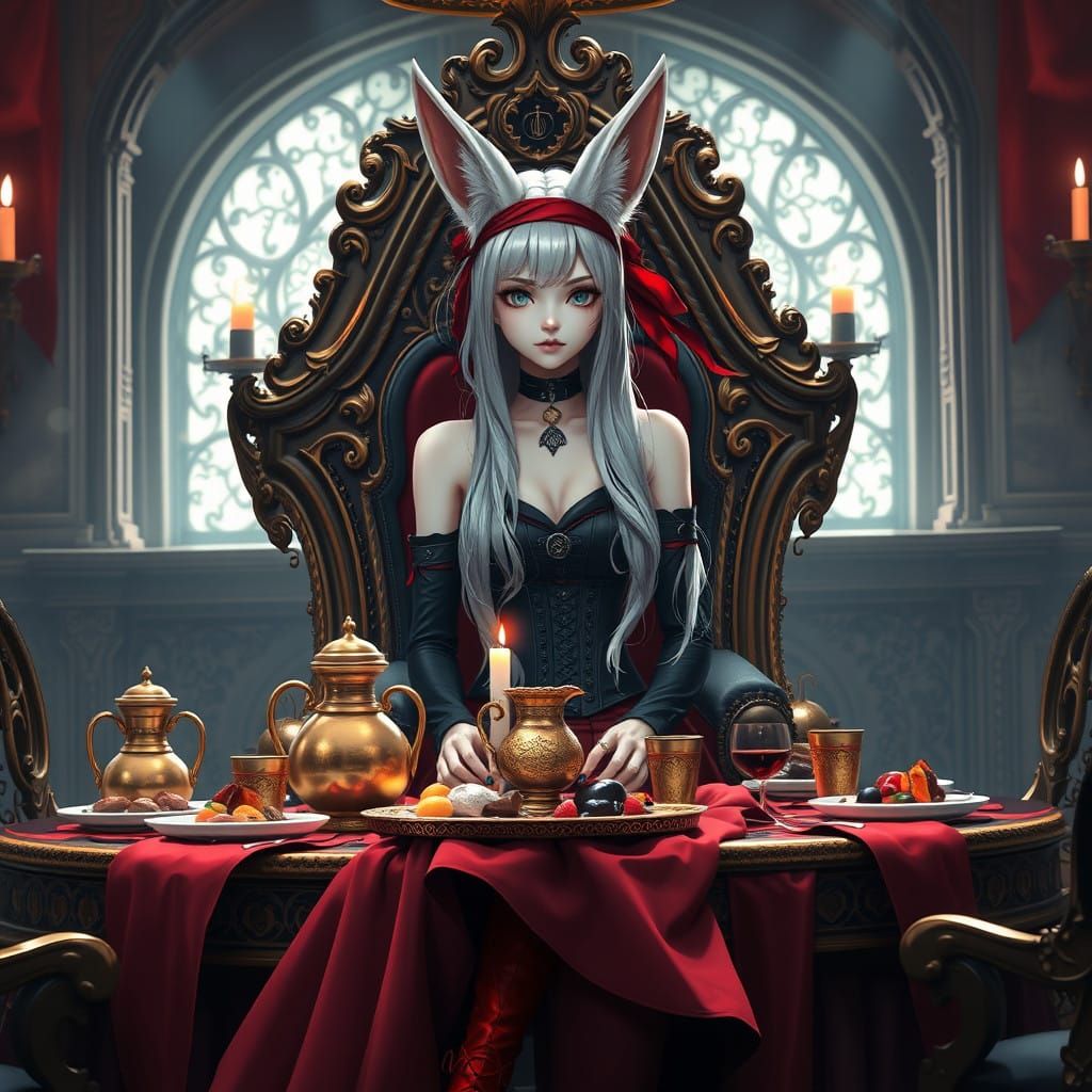 Goth Witch Seated on Throne, Fennec Fox Ears, Red Headband,....