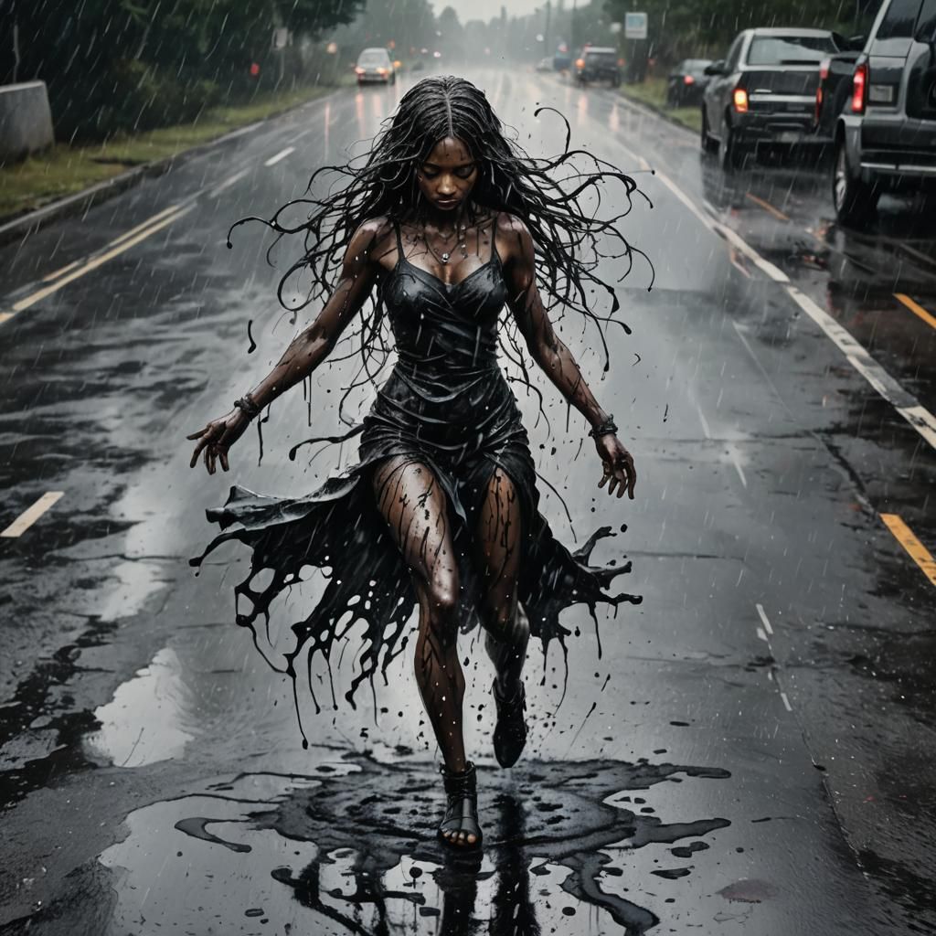 Ink Woman Dancing in Rain, Dark Fantasy Art