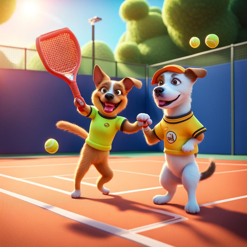Dog and Cat Play Pickleball: 3D Digital Art