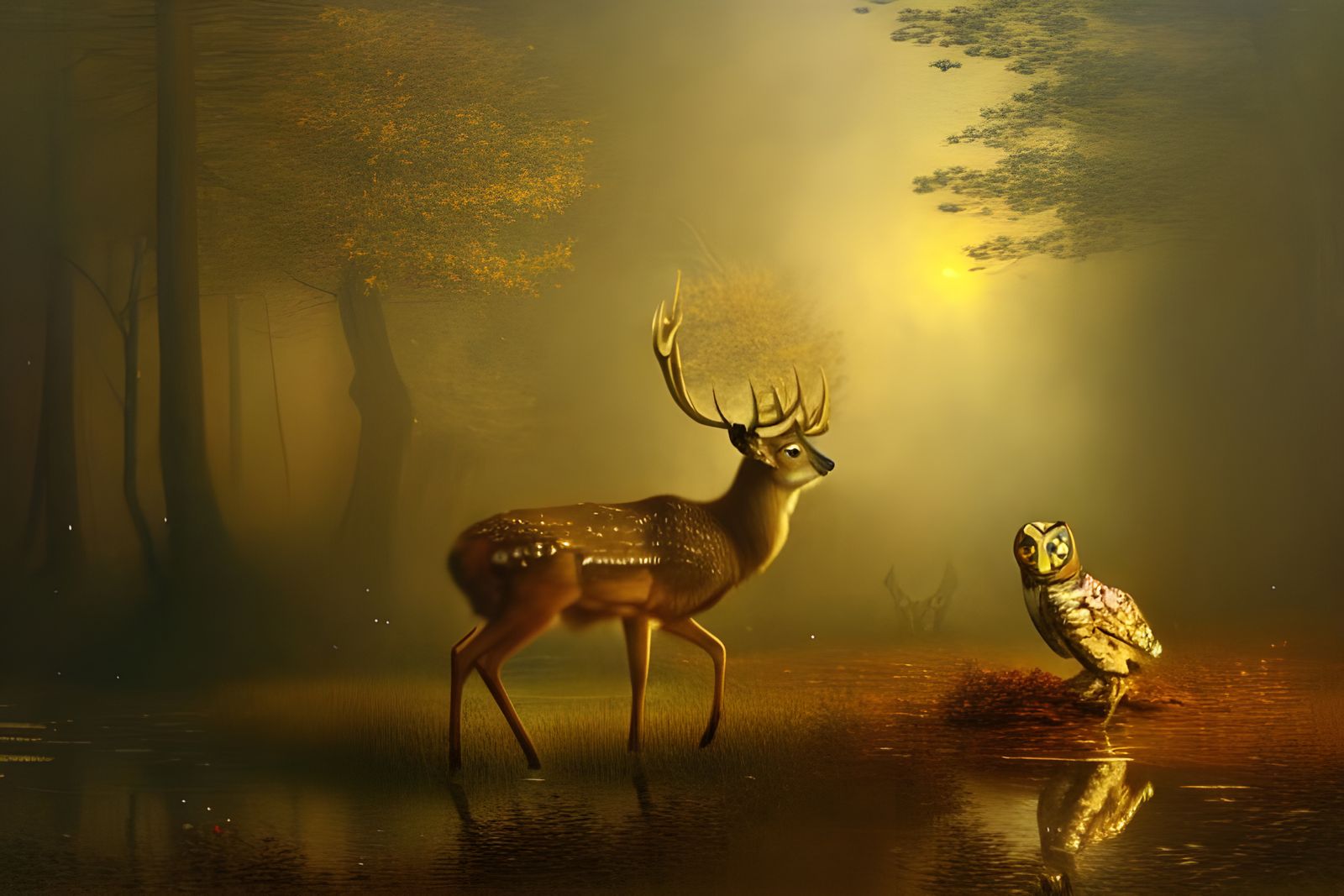 Deer and Owl in Dreamy Landscape