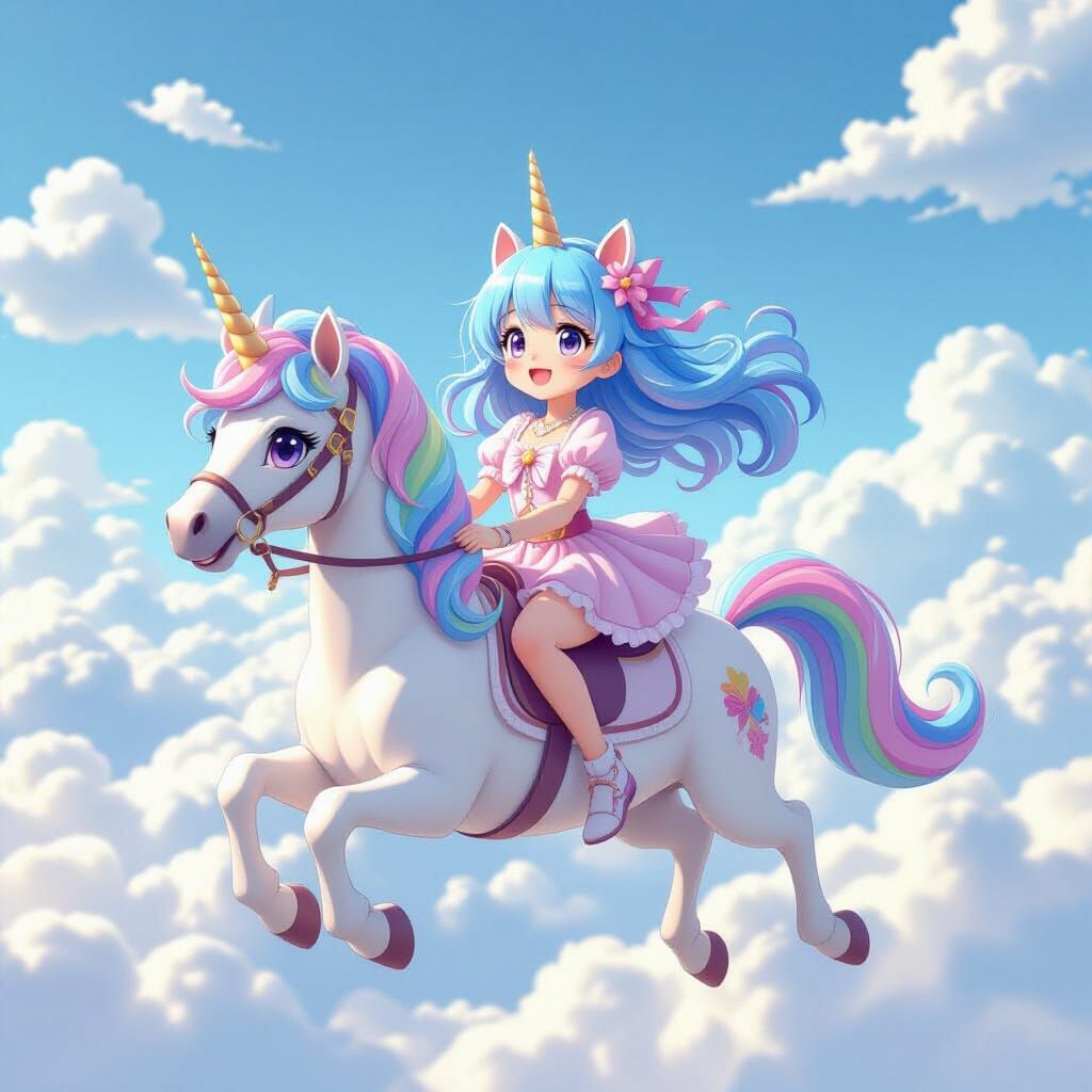 Anime Girl on Rainbow Unicorn in Dreamscape