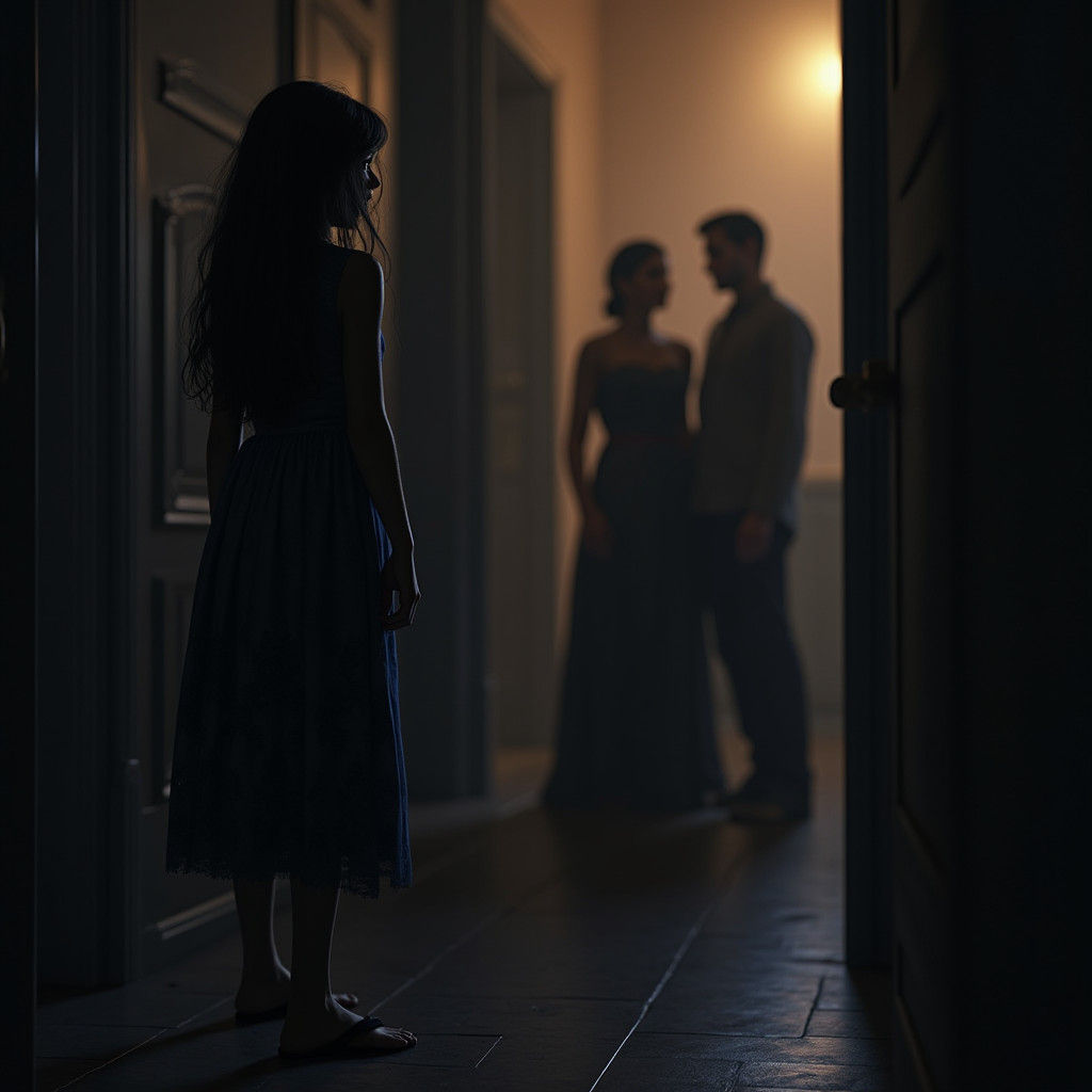 Girl in Shadows Observes Parents, High-Fantasy Art