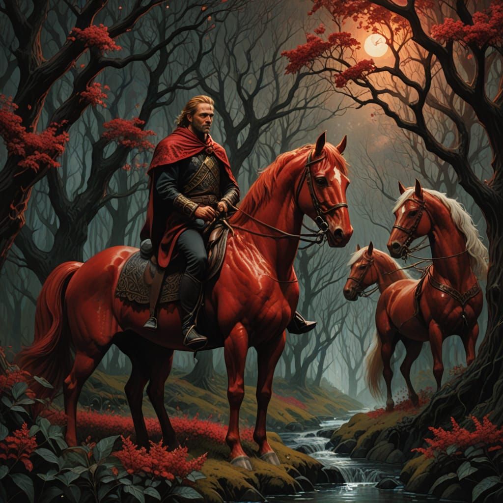 Red Horse Rider in Dark Fantasy Illustration