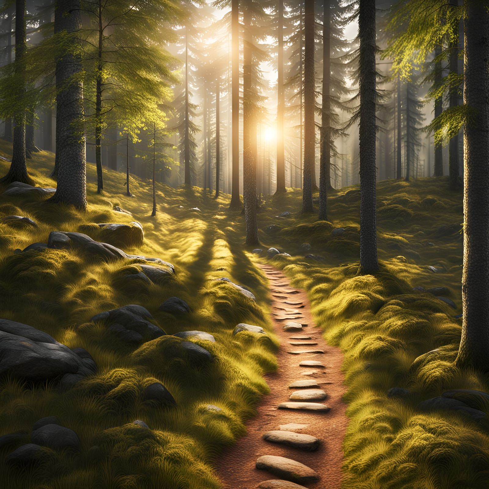 Sunlit Trail Through Scandinavian Forest