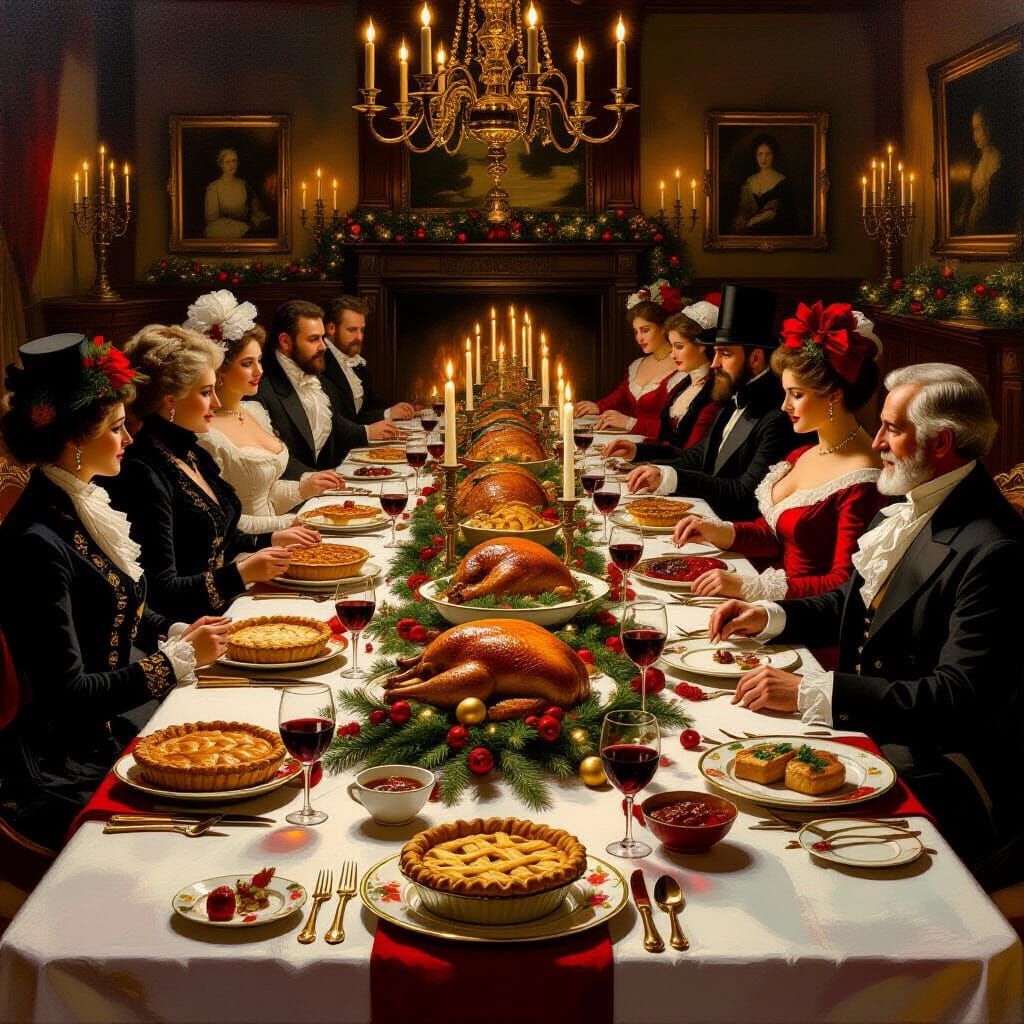 Lavish Victorian Christmas Dinner in Warm Oil Painting Style