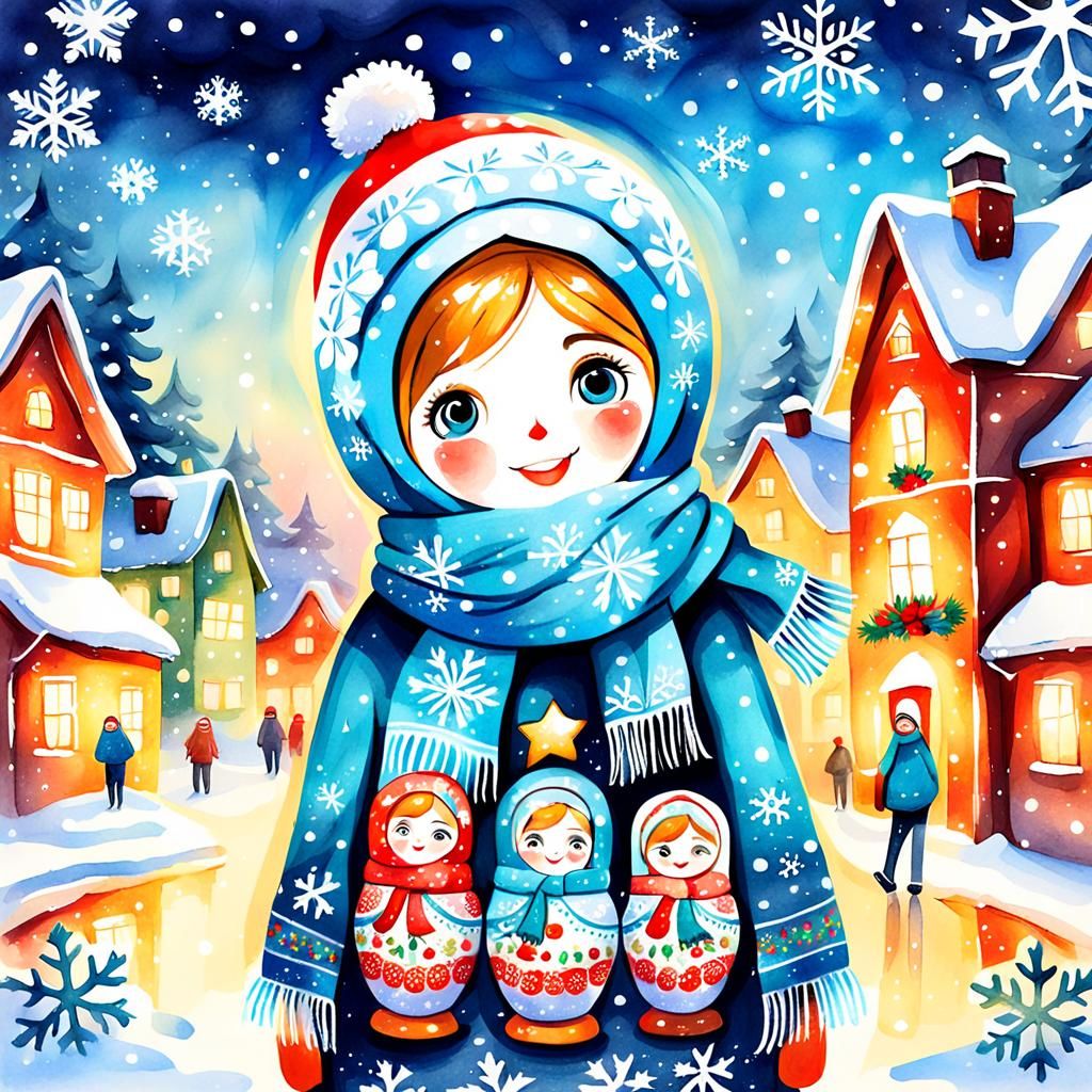 Festive Christmas Matryoshka Doll in Watercolor Illustration