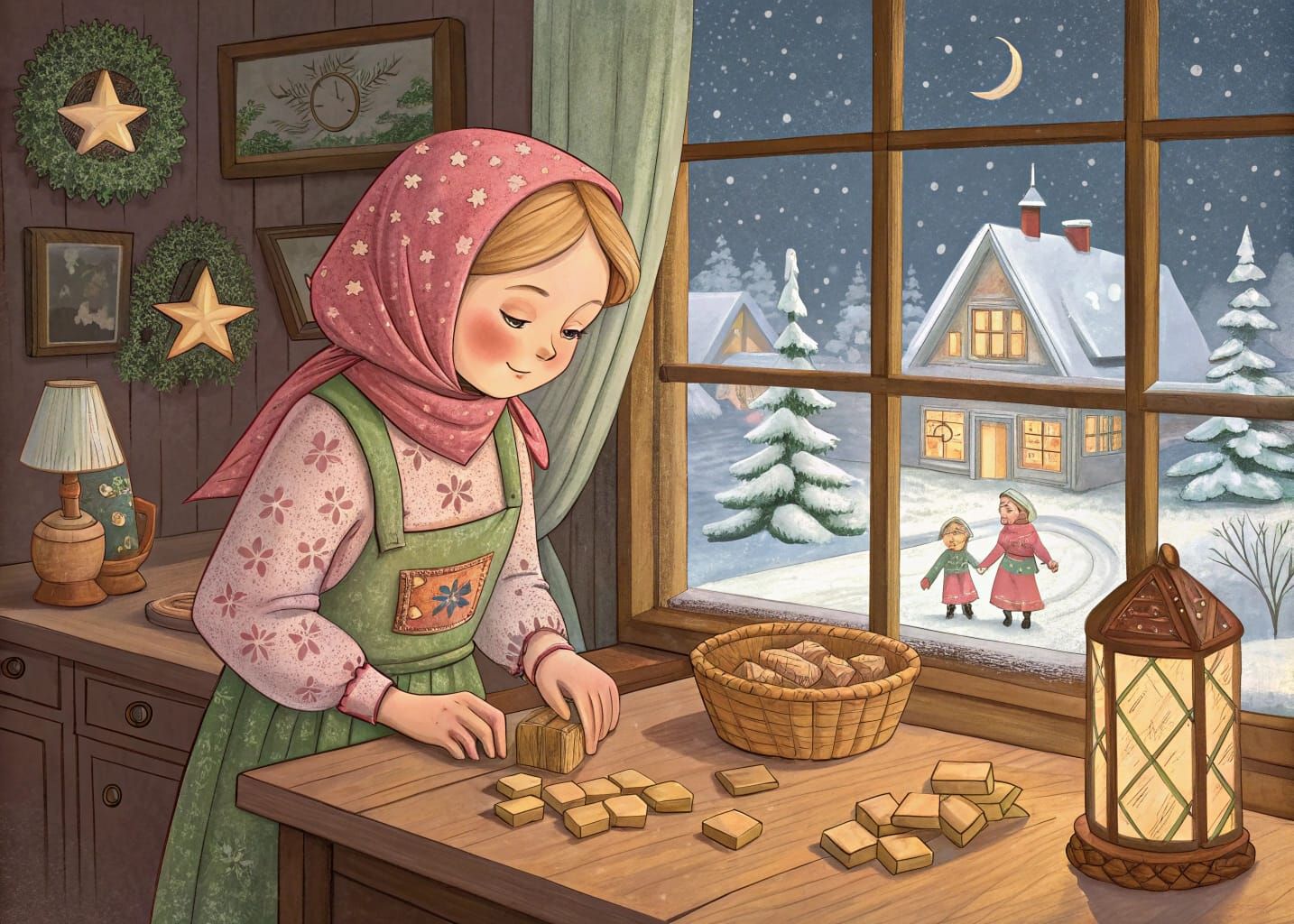 Cozy Winter Wonderland Illustration in Vintage Style