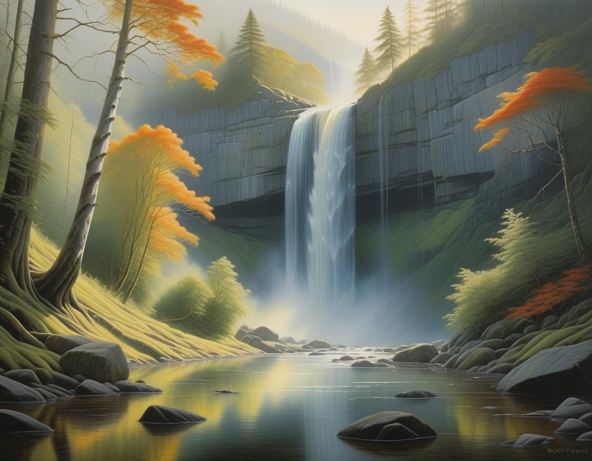 Lush Waterfall Scene in Warm Colors, Oil Painting