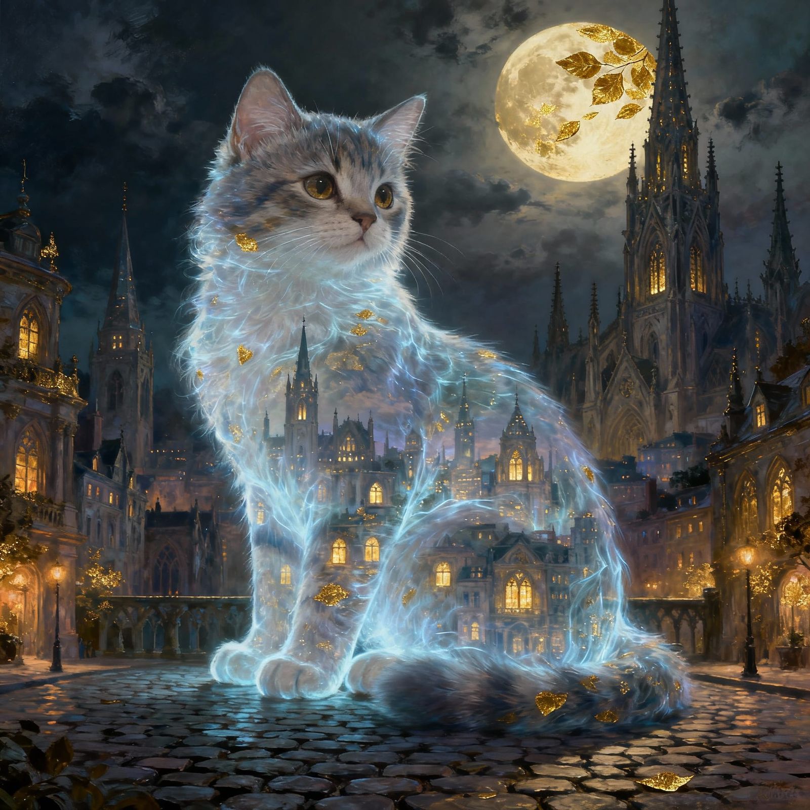Giant Ethereal Kitten in Gothic Cityscape