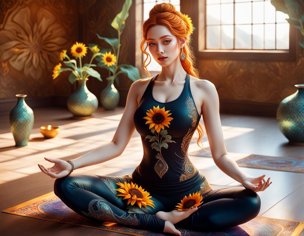 Yoga Woman in Fantasy Art With Sunflowers