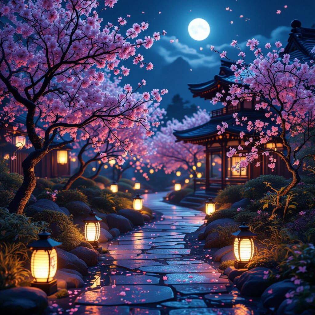 Dreamy Japanese Garden at Night: Lanterns & Sakura
