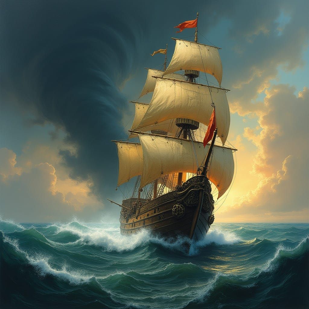 Ancient Galleon Rides Out a Tempestuous Storm at Sea