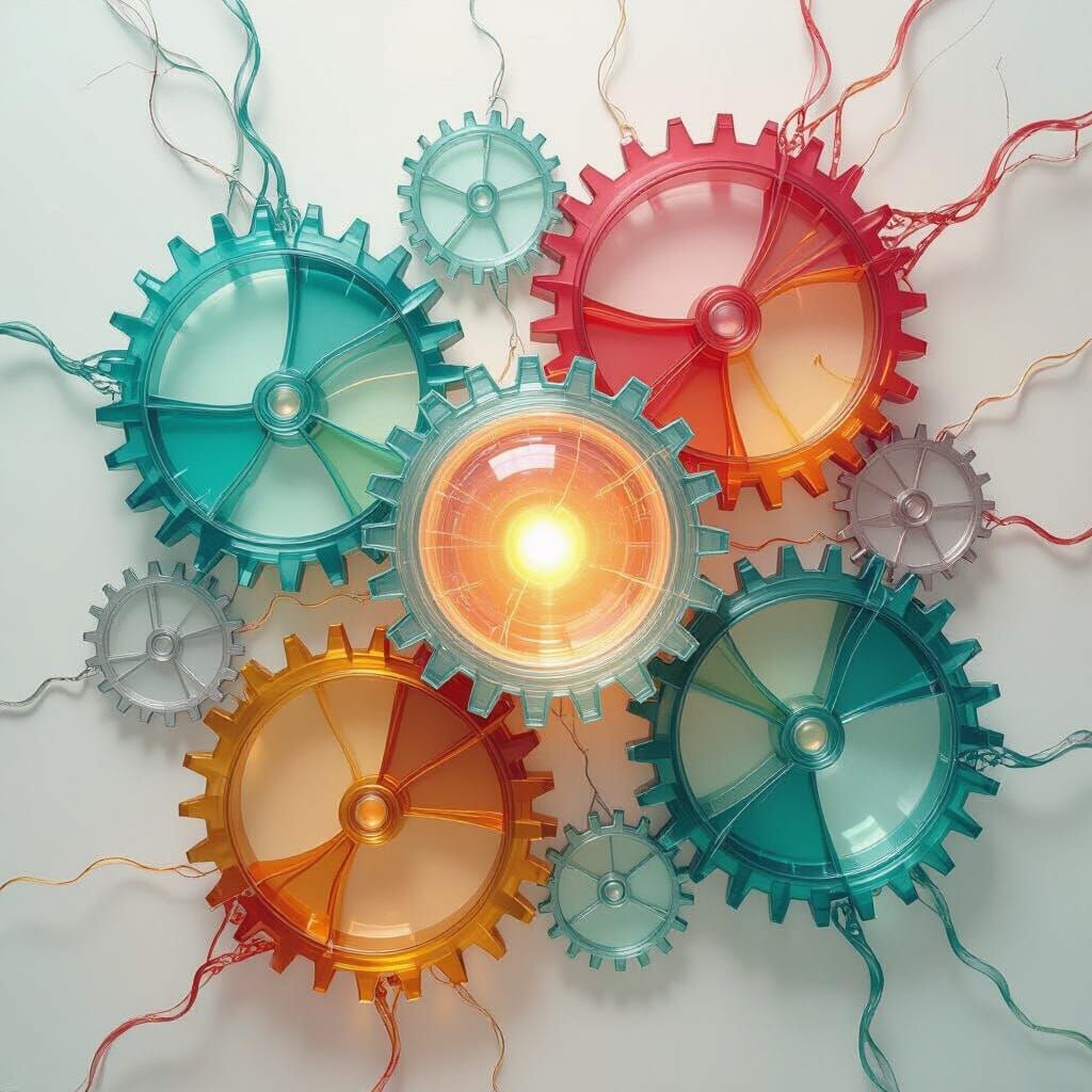 Abstract Cogwheel Machine With Fluid Colors and Neural Conne...